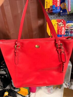 Coach Red Peyton Saffiano Leather Tote Bag with Gold Accent